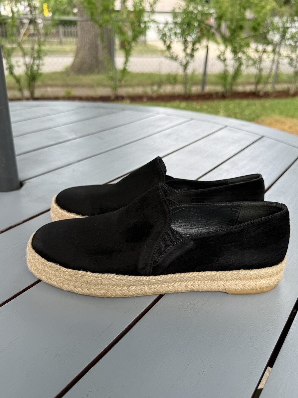 Stuart Weitzman Women's Size 6M Black Beige Suede Espadrille Flats Slip On Shoes